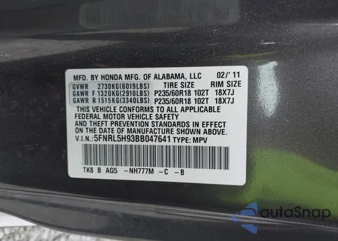 2011 Honda Odyssey Touring/Touring Elite z USA, uszkodzony, nr VIN 5FNRL5H93BB047641